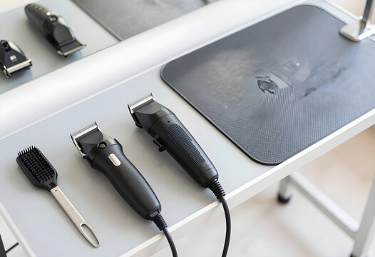 Barbershop grooming and professional hair styling, electric clippers and hairbrush on a salon workstation for mens haircut and personal care services