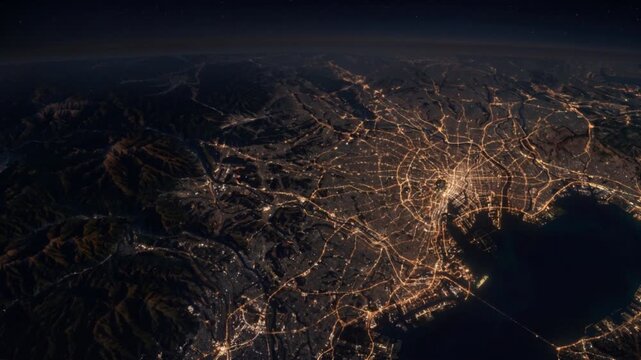 衛星視点の東京上空で夕暮れから夜景へと光が移り変わるタイムラプスCG