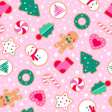 Cute cookies with snow seamless pattern design for Christmas and new year holidays background.
