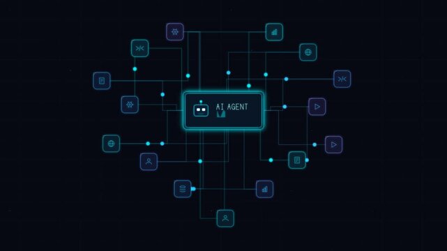 Ai agent neural network and data flow digital interface animation background, for technology concepts