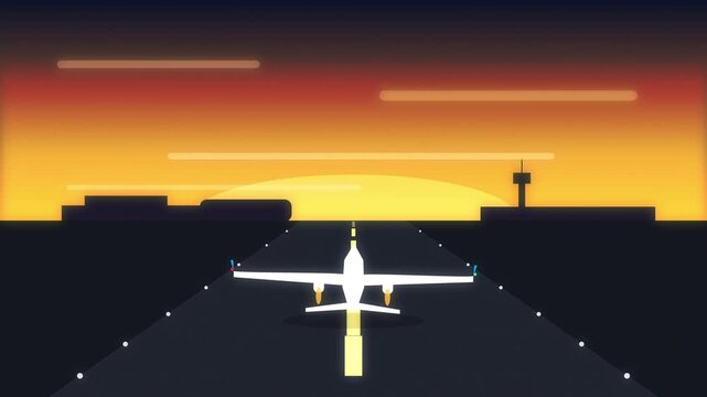 Pixel art airplane taking off from runway at sunset animation loop