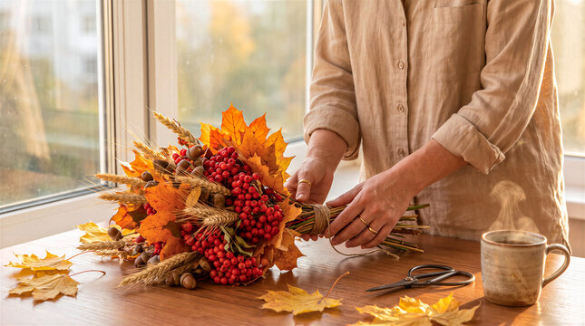 Close up of an autumn bouquet arrangement with leaves and wheat