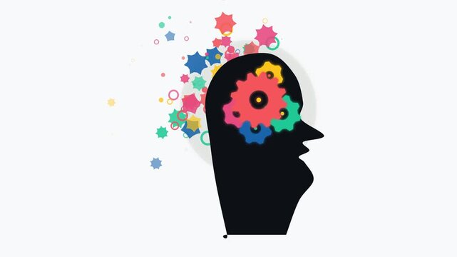 Animated human head profile with rotating colorful gears inside and exploding ideas symbolizing creative thinking, mental process, psychology, innovation, and brainstorming concepts