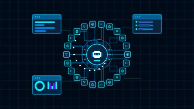Artificial intelligence network dashboard animation with rotating central robot node and connected data analytics windows on blue grid background