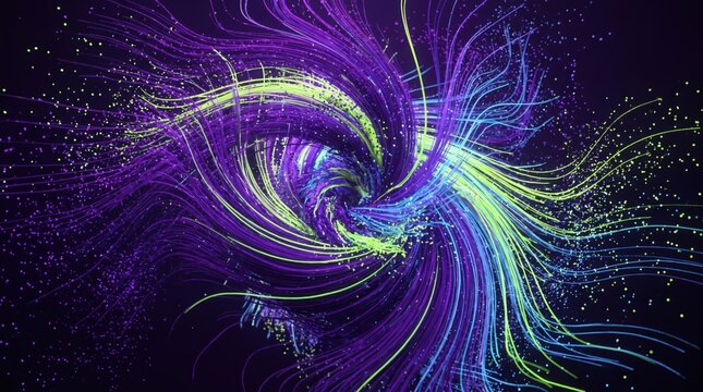 Swirling violet fiber optic vortex capturing motion energy concept.