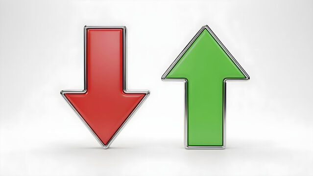 Glossy red down arrow and green up arrow isolated on white background. Perfect for financial market reports or business performance concepts.