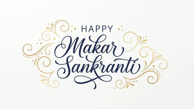 Decorative typography design celebrating the Hindu harvest festival Makar Sankranti with elegant golden flourishes on white background.