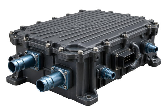 Onboard charger unit block with coolant ports and ribbed lid on transparent background