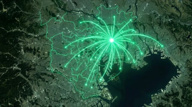 衛星視点の東京23区に広がる量子モビリティ通信ネットワークのCG