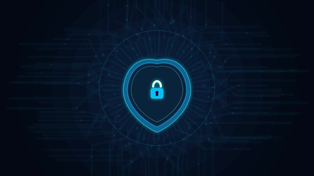Cyber security shield with glowing padlock and circuit background, for digital data, protection and online, privacy concept animation