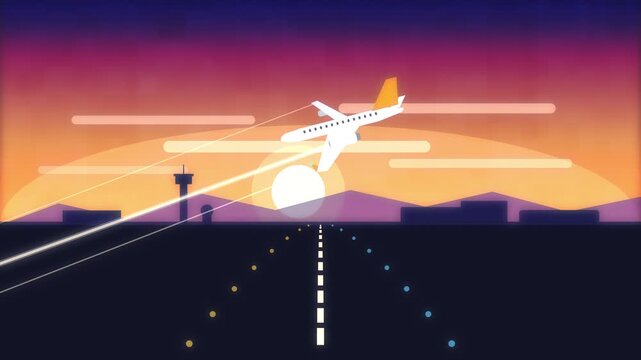 Pixel art airplane taking off at sunset animation, retro flight journey