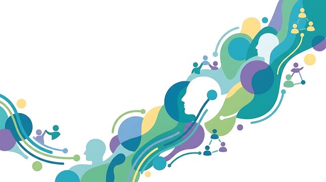 Mental health support concept with abstract human silhouettes and flowing shapes on white background