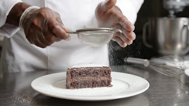 Chef Sifting Powdered Sugar Over Chocolate Cake Slice in Kitchen