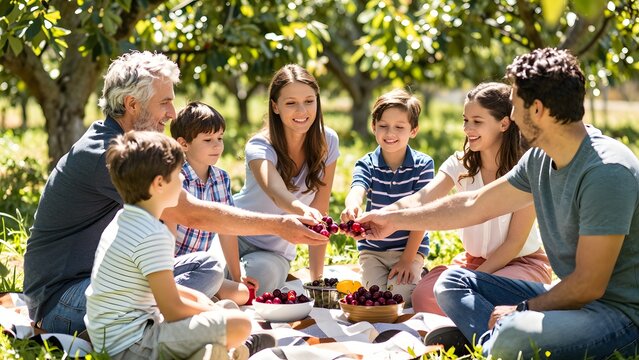80, A candid multi-generational family sitting together around a picnic blanket in an orchard, passing around bowls of fresh cherries, sun-dappled shade, authentic unposed family warmth