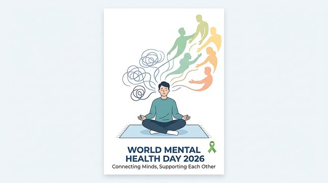 Mental health day poster with illustration of person meditating and abstract shapes