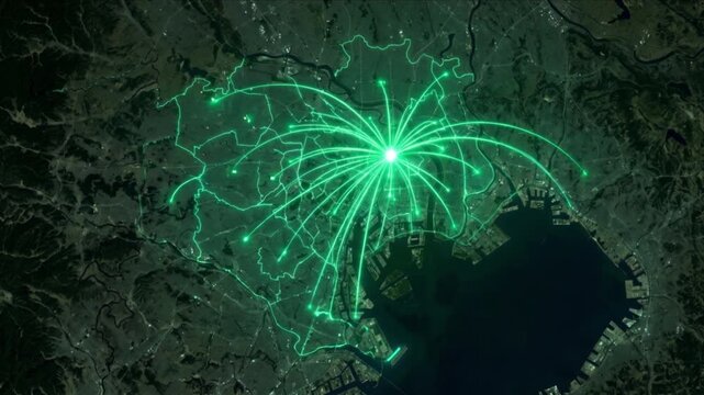 衛星視点の東京23区に広がる量子モビリティ通信ネットワークのCG
