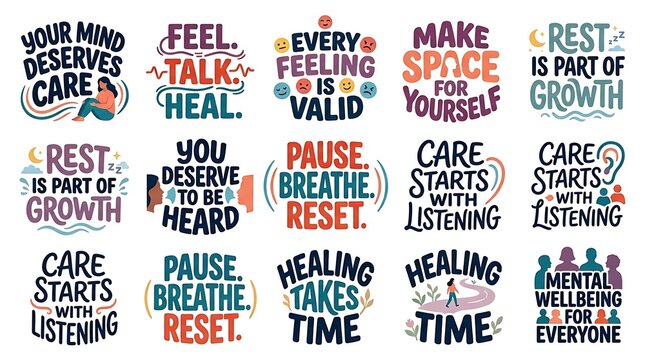 Mental health typography poster with positive affirmations and illustrations colorful wellbeing messages