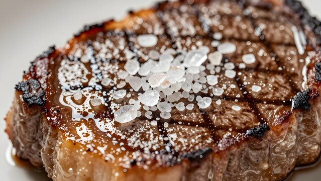 131, A macro photograph of natural crystal salt flakes clinging to the seared crust of a prime wagyu steak, glistening meat juices, tack-sharp focal plane, culinary macro stock