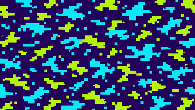 Digital pixel camouflage pattern vector background. Featuring blocky pixelated splotches in cyan and lime green on deep purple, camo design for esports jersey, gaming team uniform and textile print.