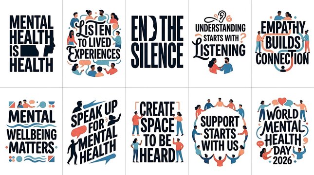 Mental health awareness typographic posters with illustrations encouraging support and understanding