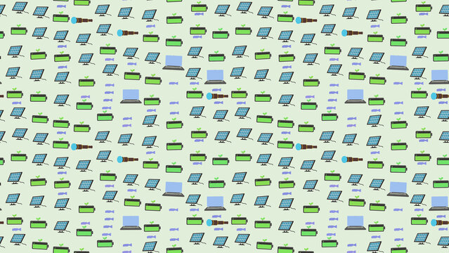 Pattern of solar panels, batteries, laptops, and monitors