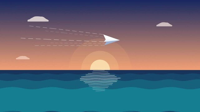Pixel art animation of a paper airplane flying over ocean sunset