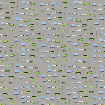 Seamless pattern of laptops, batteries, and streetlights