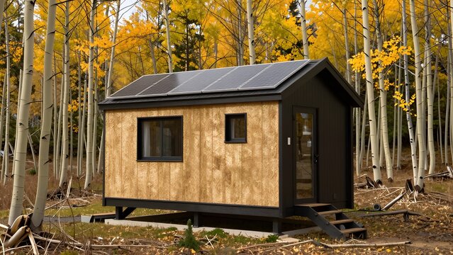 196, A modern off-grid eco-cabin constructed from prefabricated insulated straw-bale panels, dark timber exterior, solar array on roof, tucked into an aspen grove in autumn