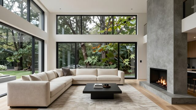 13, A double-height modern living room with a sunken conversation pit, custom oatmeal boucl&eacute; sectional sofa, monolithic board-formed concrete fireplace, large picture window framing rain-slicked maple