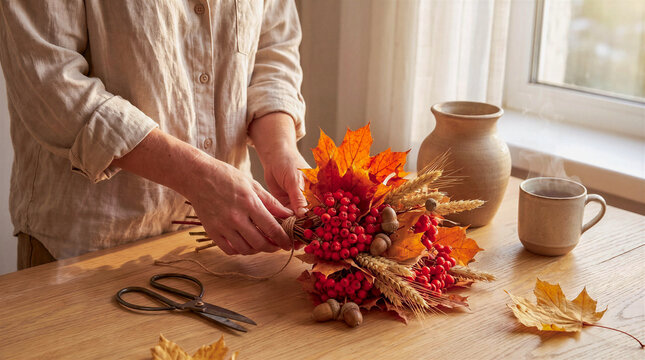 Florist hands making an autumn bouquet of leaves and flowers
