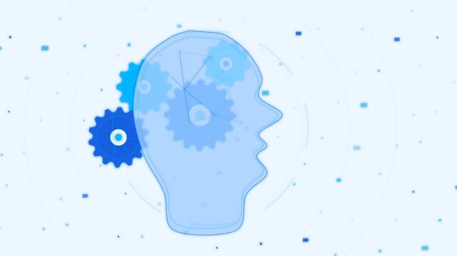 Digital human head with rotating gears and neural network animation concept for artificial intelligence, innovation, and critical thinking background