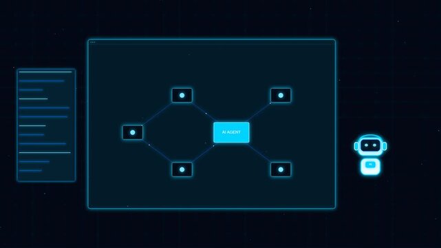 Futuristic ai agent interface with glowing network node diagram and robot icon on dark background, artificial intelligence
