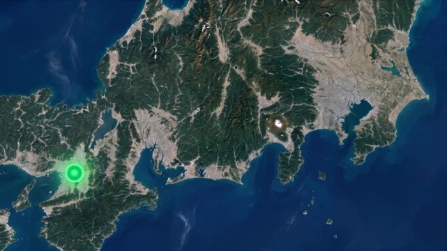 衛星視点の日本列島で東京と大阪を結ぶ光ネットワーク通信のCG映像