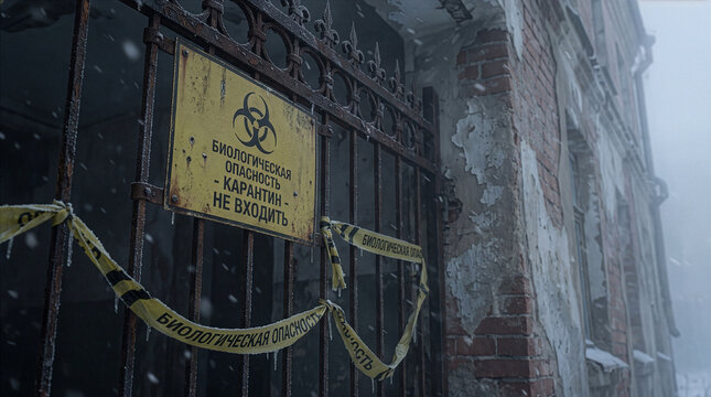 Yellow biohazard quarantine sign on rusty gate with wet autumn leaves.