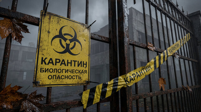 Yellow biohazard quarantine sign on rusty gate with wet autumn leaves.