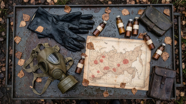 Flat lay of epidemic field response kit with map of Siberia and autumn leaves.