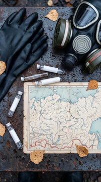 Flat lay of epidemic field response kit with map of Siberia and autumn leaves.