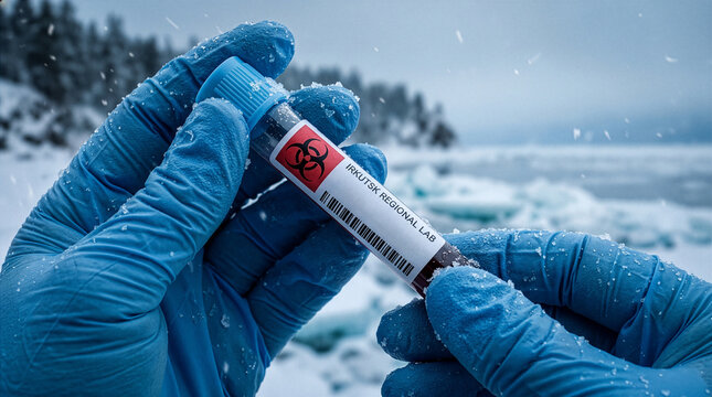 Gloved hands holding biohazard test tube against gloomy landscape.