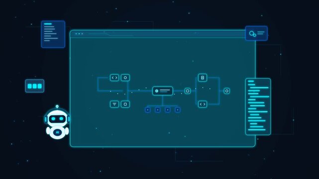 Futuristic ai robot and software development workflow diagram animation with glowing blue digital interface and coding on dark cyber background