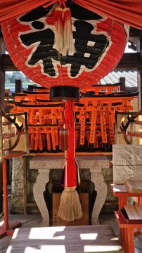 Fushimi Inari Taisha Temple Complex in Kyoto Japan. One of Many Praying Places, Sacred Altar With Red Chochin Lantern