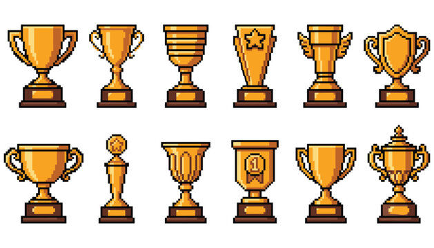Pixel art golden trophy cup icon set. Winner, award, reward, champion, victory, success, prize and 1st place.