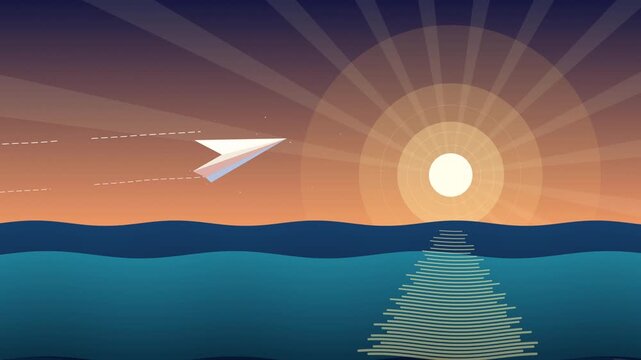 Pixel art animation of paper airplane flying over ocean sunset