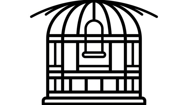 Minimalist black and white outline illustration of an empty bird cage with a perch inside, symbolizing freedom or confinement.
