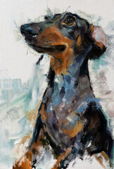 Ritratto artistico espressivo di un cane bassotto tedesco focato di profilo, dipinto ad olio e acrilico con pennellate dinamiche su sfondo chiaro © Ilarialapreziosa