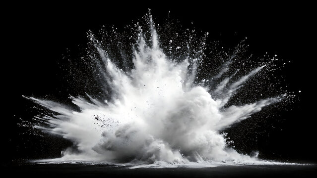 White Powder Explosion on Black Background with High Detail Splatter