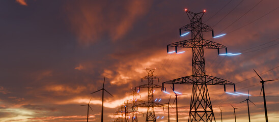 Obraz na płótnie Canvas Power Transmission Lines.Concept of Renewable Green Energy and Clean Ecological Environment,3D Digital Visualization of Electricity,High-voltage power line tower current transmission
