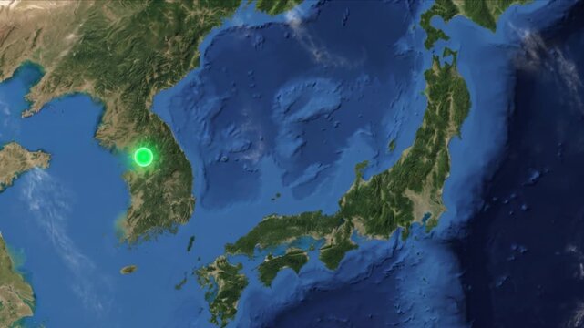 衛星視点の東アジアで東京とソウルを結ぶ国際光通信ネットワークのCG
