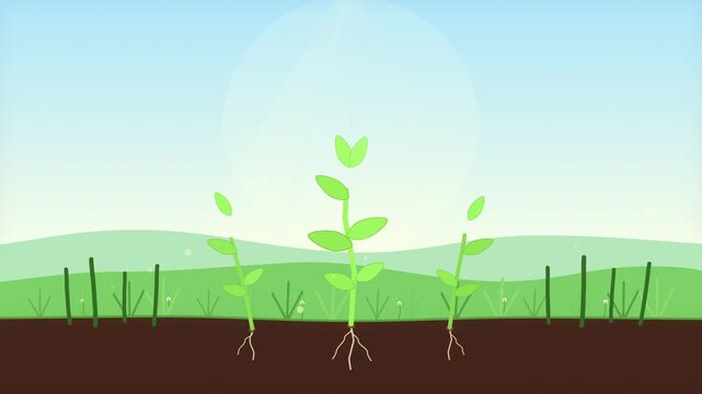Pixel art animation of plant growth, sprouting seed with roots in soil under bright sun