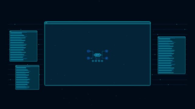Futuristic hud interface with blue data windows and network diagram animation for tech background, heads up display
