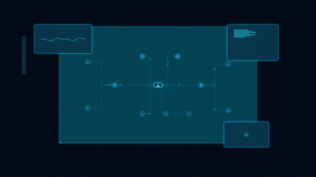 Futuristic hud interface with blue network node tree diagram and data analytics charts for technology